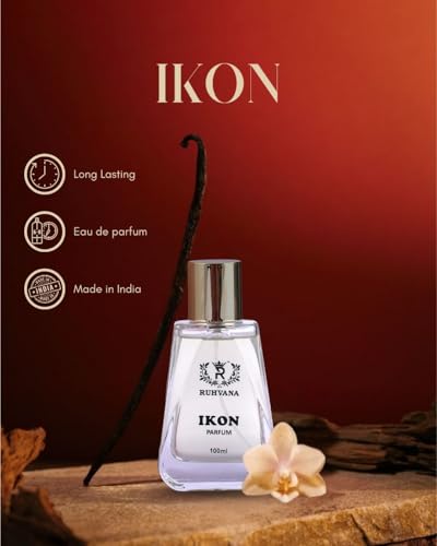 Image of Ruhvana's Ikon Perfume Spray for Men - 100ml Woody Spicy Long-Lasting Fragrance|Citrus, Cardamom Sandalwood And Leathery| Ambery & Musky| Apparel Parfum|Premium Scent|Perfect For Gift|Eau De Parfum | Premium Attar Perfume Oil for Daily & Special Use