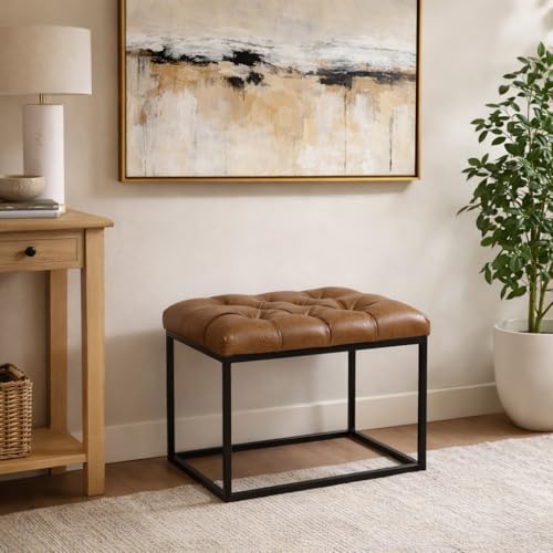 Image of HomePop Home Decor | Upholstered Tufted Faux Leather Ottoman Bench| Ottoman Bench for Living Room & Bedroom | Decorative Home Furniture (Distressed Brown Faux Leather) Small