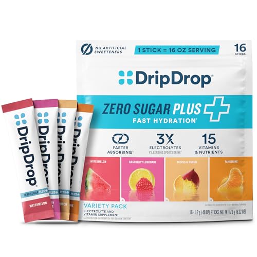 DripDrop Zero Sugar Plus - Sugar Free Hydration Packets- Single Serve Electrolytes Powder Drink Mix - Raspberry Lemonade Watermelon Tangerine Tropical Punch - Non-GMO Vegan- 16 Sticks