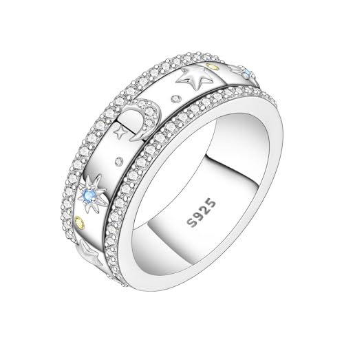 SOUTHPLUS Anti Angst Spinner Ring Leuchtend Sternenhimmel Ring Silber 925 Damen Zirkonia Daumenring Fingerring Damenring für Damen Herren mit Geschenkbox 57.5(18.1)