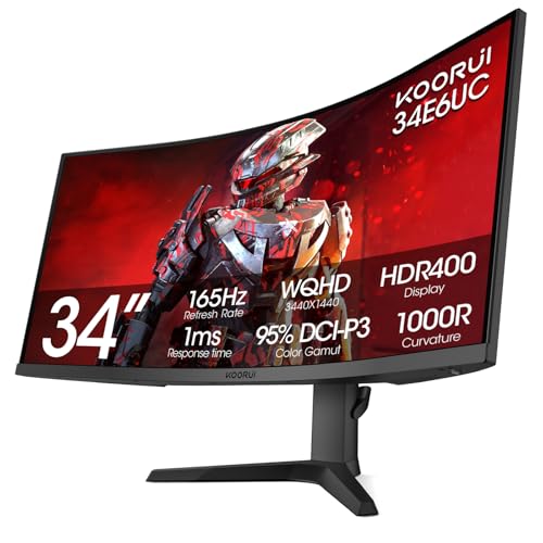 Image of KOORUI Wqhd 3440x1440 Curved Ultrawide Gamer Monitor 34 Inch 165Hz 144Hz Curved 1000R- Pip /Pbp, 1Ms (Mprt) With Displayhdr 400, Premium Freesync, Vesa 75*75Mm, Hdmi /Displayport, 34E6