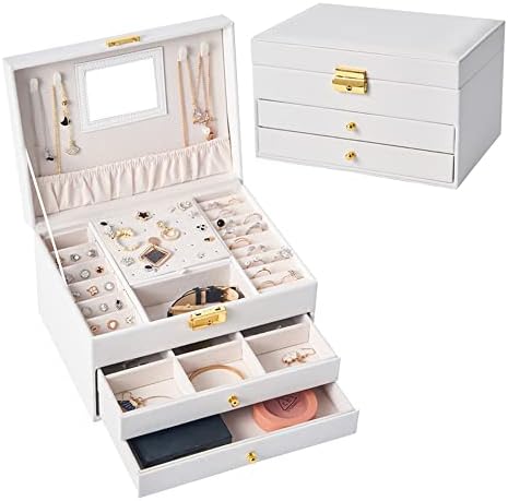 Bausweety Large Jewelry Box for Women 3 Layer Jewelry Storage Box 2 Drawers Lockable Jewelry Organizer