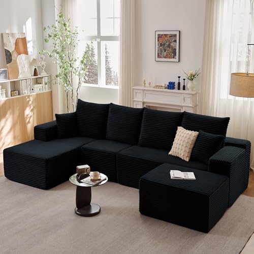 Image of Lakifun 135 inch L-Shape Sofa with Ottoman, Modern Modular Sectional Comfy U-Shape Cloud Couch, Deep Seat, Upholstered Corduroy Sleeper Chaise Longue for Living Room Bedroom, No Assembly Required, Black