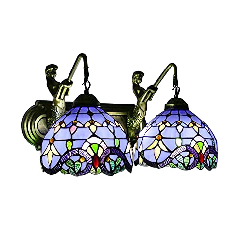 Image of Wall Sconce Vintage Style Stained Glass Bowl Wall Fixtures 2-Light Wall Light in Antique Brass with Mermaid for Bedroom Hallway Stairway Balcony