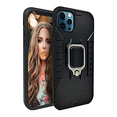 MODOS LOGICOS Case for iPhone 12 Pro Max 6.7”, Dual Layers Shockproof Protective Phone Case with Built-in 360 Metal Rotating Ring Kickstand, Working with Any Magnetic Car Mounts - Black Cover