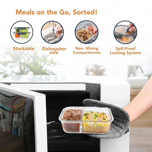 Image of Glass Lunch Box with 2 Compartments | Leakproof Borosilicate Glass Lunch Container with Airtight Lid | BPA Free Tiffin Box for Office, School & Travel (2x980ml)