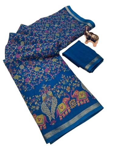 Image of Kalamkari Floral Prints Dola Silk Saree With Rich Zari Border Designer Pallu Attach Blouse Piece