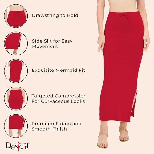 Image of DESI GIRL Cotton Lycra Stretchable Saree Shapewear Petticoat with Drawstring for Women | Fishcut Saree Petticoat with Side Slit for Easy Movement | Saree Shaper | Long inskirt