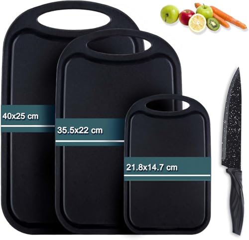 Schneidebrett Kunststoff, Hunnycook 3-tlg Schneidebrett Set mit Messer und Saftrille, Antibakteriell Schneidebretter/Frühstücksbrettchen Kunststoff...