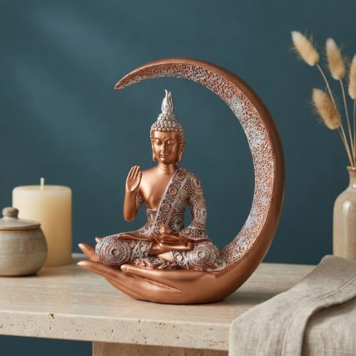 Image of Antique Big Meditating Moon Buddha Statue Showpiece for Home Decor - Living Room - House Warming - Office - Gifting - Buddha Idol Polyresin Decorative Figurine (9 Inch / 23 cm, Gold, Silver)