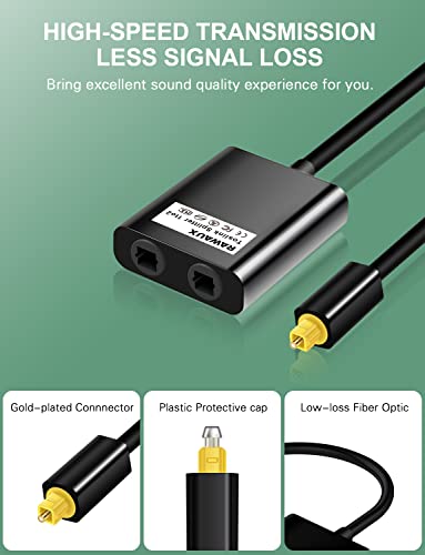 RAWAUX Toslink Splitter 1 in 2 Out Optischer Splitter Digital Audio Optisches Kabel Verteiler Optical Audio SPDIF Verteiler Optisches Audiokabel Adapter für TV, DVD, Verstärker, Soundbar (Schwarz)