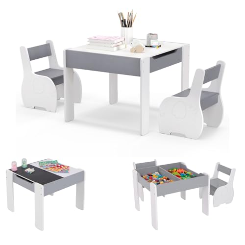 COSTWAY 4 en 1 Table Enfants avec 2 Chaises en Forme d'Eléphant, Table et Chaises en Bois avec Tableau Amovible, Espace de Rangement, Bureau pour Dessiner Jouer, Charge 30kg pour 3-6 Ans(Blanc+Gris)