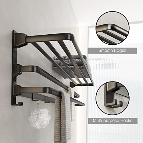 Sofinny Towel Racks For Bathroom, 24-Inch Towel Shelf With Towel Bar Foldable Towel Holder With 7 Hooks Towel Storage Organizer For Bathroom & Lavatory Wall Mounted(Matte Black) #TOP2