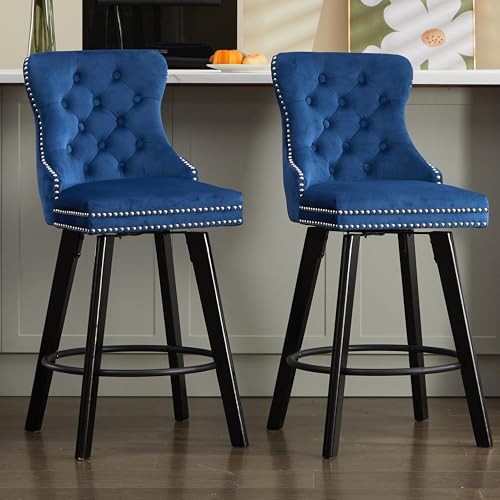 Image of YITAI Modern Swivel Set of 2 Velvet Barstools with Large Backrest and Sturdy Metal Footrest,Button Tufted Rivet Trim Dining Room Chairs with Metal Pull Ring for Kitchen Island,Home Bar,Bistro, Blue
