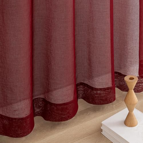 Image of Burgundy Sheer Curtains 54 inch Length Living Room Short Voile Curtains /Drapes Light Filtering Solid Sheers Cafe Curtains Voile Bathroom Basic Small Window Curtain 2 Panels Set, Rod Pocket, 52 inch Wx54 L