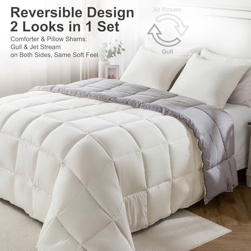Image of KASENTEX King Comforter Set, Reversible, Goose Down Alternative, All Season | 250 GSM Fill, Ultra-Soft, Lightweight, Machine Washable, 1 Comforter + 2 Pillow Shams, Gull /Jet Stream