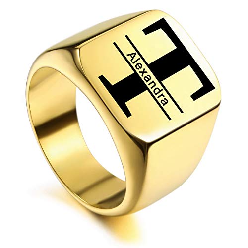 VIBOOS Custom Engraved Initial Monogram Signet Ring for Men Women Mens Rings Stainless Steel, Bundle with Ring Size Adjusters (Gold Color)