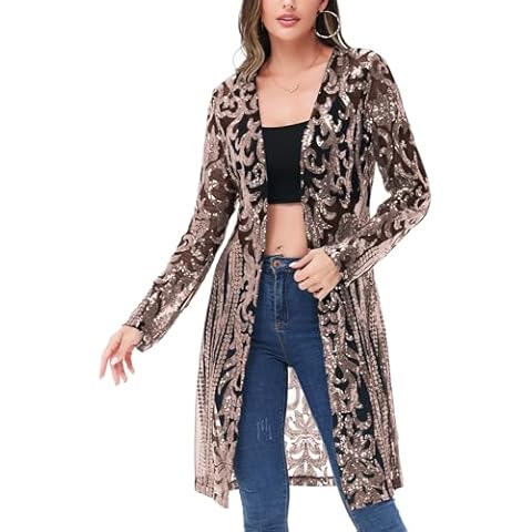 Anna-Kaci Women's Sparkly Sequin Cardigan Long Sleeve Open Front Glitter Kimono, Black Gold, Large Cover
