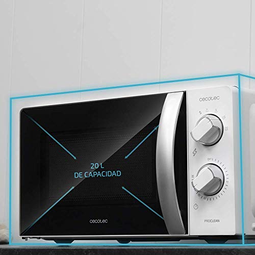 Imagen del microondas Cecotec ProClean con un gráfico que resalta su capacidad de 20L en un diseño elegante