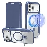 【スタンド機能&手帳型・MagSafe対応】ハット iPhone17Pro 用 ケース いphone17プロケース 手帳型 [ワイヤレス充電・隠しスタンド] 全面保護 耐衝撃 カード収納２枚 小銭入れ 滑り止め 背面透明 ストラップホール付き 米軍MIL規格取得 6.3インチ 対応 ブルー