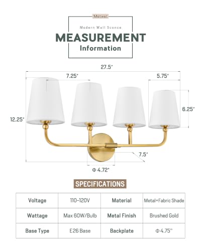 Image of 4-Light Brushed Gold Bathroom Vanity Light with White Fabric Shade | 28 Inch gold bathroom light fixture over mirror, UL listed, E26 bulbs, hardwired, upward only, VL837-BG-4K