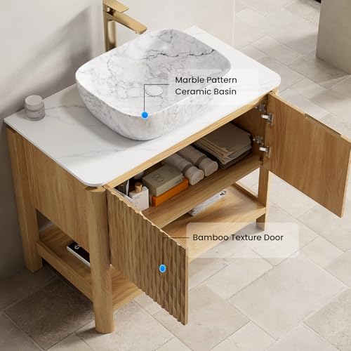 Image of 36 inch Bathroom Vanity with Sink, Freestanding Bathroom Storage Cabinet with Marble-Pattern Ceramic Basin & 2 Bamboo Texture Doors, Floor Stand Vanity Combo with Bottom Open Shelf, Natural
