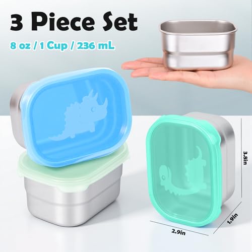 Image of Tanjiae 3x8oz Small Stainless Steel Snack Containers for Kids and Toddlers - 230mL Leakproof Food Containers with Cute Dino Lids | LFGB Certified, Stackable Metal Snack Box for School, Daycare, Travel