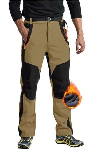 Rdruko Skihose Herren Wasserdicht Winter Softshellhose Winddicht Wanderhose Warme Winterhose Thermo Gefüttert Snowboardhose Trekkinghose mit Taschen (Khaki, XL)