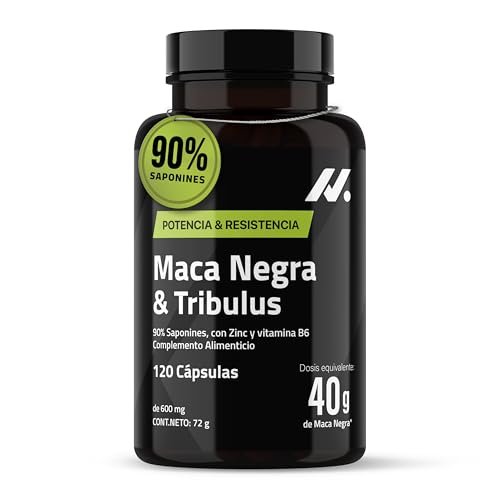 Maca Negra 40.000 mg con Tribulus Terrestris 90 % Saponinas – Energía, Masa Muscular y Resistencia - Hombre- 120 Cápsulas- Veganas, Sin Lactosa ni Gluten- Nyvos