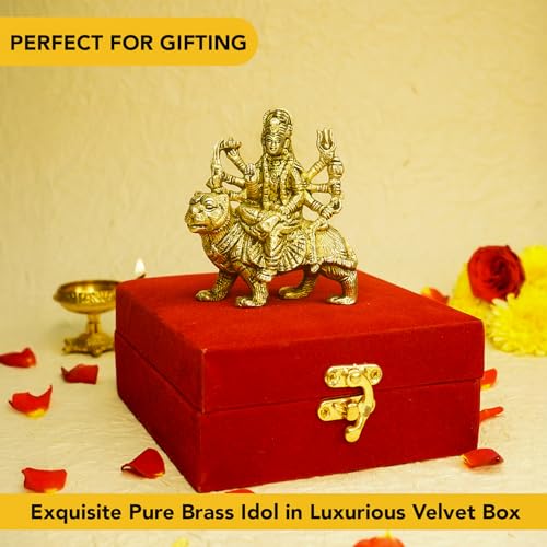 Image of Ekhasa 100% Pure Brass Durga Maa Murti in Luxury Red Velvet Gift Box God Idols for Gifting | Best Wedding Gifts for Marriage Couple, Marriage Gifts for Couples, Housewarming, Shop Opening Ceremony