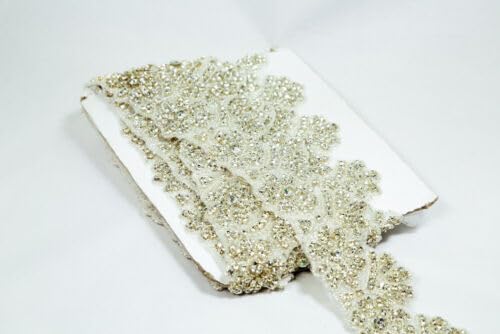 Rhinestone Trim Luxury Silver Floral Leaf Pattern Sold by Yard Fabric