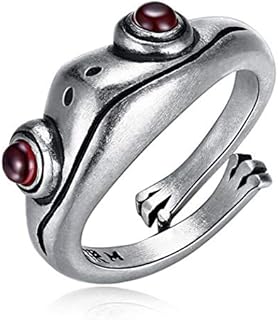 Aukmla Vintage 925 Sterling Silver Frog Ring with Red Jade Garnet Silver Frog Finger Adjustable Open Ring Retro Animal Finger Ring for Women and Girls