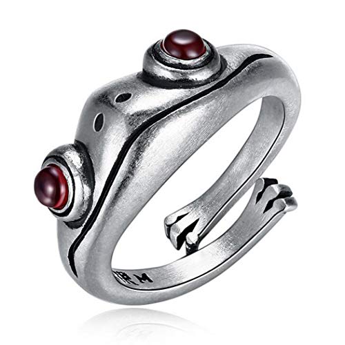 Aukmla Vintage 925 Sterling Silver Frog Ring with Red Jade Garnet Silver Frog Finger Adjustable Open Ring Retro Animal Finger Ring for Women and Girls