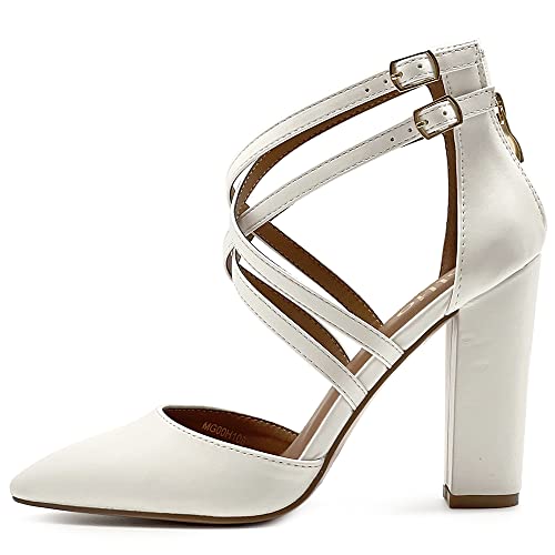 Ollio Women's Shoes Zip Up Pointed Toe Buckle Cross Ankle Straps Chunky Heel Pump H1082
