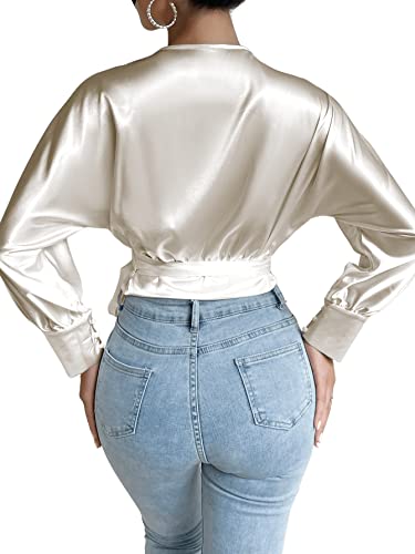 Verdusa Women's Elegant Dolman Sleeve V Neck Tie Front Wrap Crop Blouse Satin Shirt Top White L #TOP1
