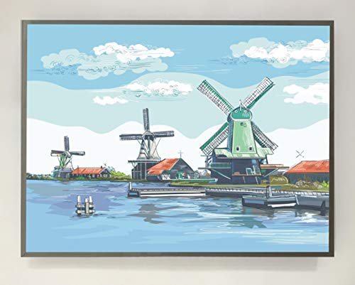 Bild mit Holzrahmen, weiß lackiert, beleuchtet mit LED-Licht, Mühlen, in Amsterdarm