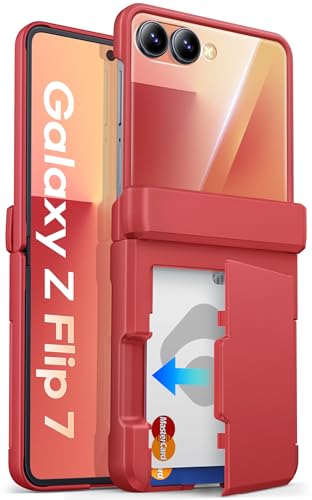 Image of ASAFCASE for Samsung Galaxy Z Flip 7 Case with Card Holder (3 Cards), Red | Rugged Hinge Protection, Outer Screen Protector, Shockproof Durable Phone Protective Cover Wallet Case for Galaxy Z Flip 7