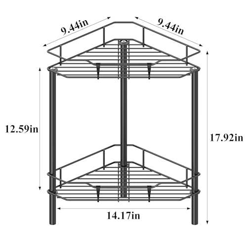Image of HuggieGems 2 Tier Floor Standing Corner Shower Caddy Organizer Shelf with Hooks, Bathroom Shelves Stand Rack, Black