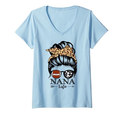 Womens Nana Life Messy Bun Hair Funny Football Cheer Nana V-Neck T-Shirt