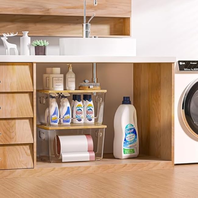 2 Set Pantry Organizer and Storage, Stackable Trash Bag Dispenser Clear Acrylic Kitchen Counter Pantry Baskets for Potato, Onion, Produce, Fruit, Vegetable, Snack, Trash Bag Holder with Bamboo Lid