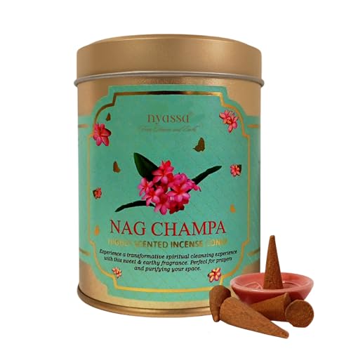 Image of Nyassa Nag Champa Highly Scented Incense Cone | Pure Long-Lasting Dhoop Cones for Pooja, Meditation, Home Fragrance | 40 Dhoop Cones in Tin Box (100g)