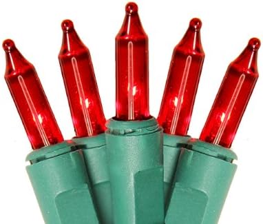 Close-up of five red mini Christmas light bulbs on a green wire