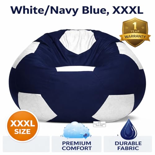 Image of RnS Rest 'n' Sleep Faux Leather Football Bean Bag Filled with Beans | Bean Bag Sofa Chair for Adults & Kids | Home, Office & Restaurant | Capacity Up to 90kg | 1 Year Warranty (White /Navy Blue, XXXL)