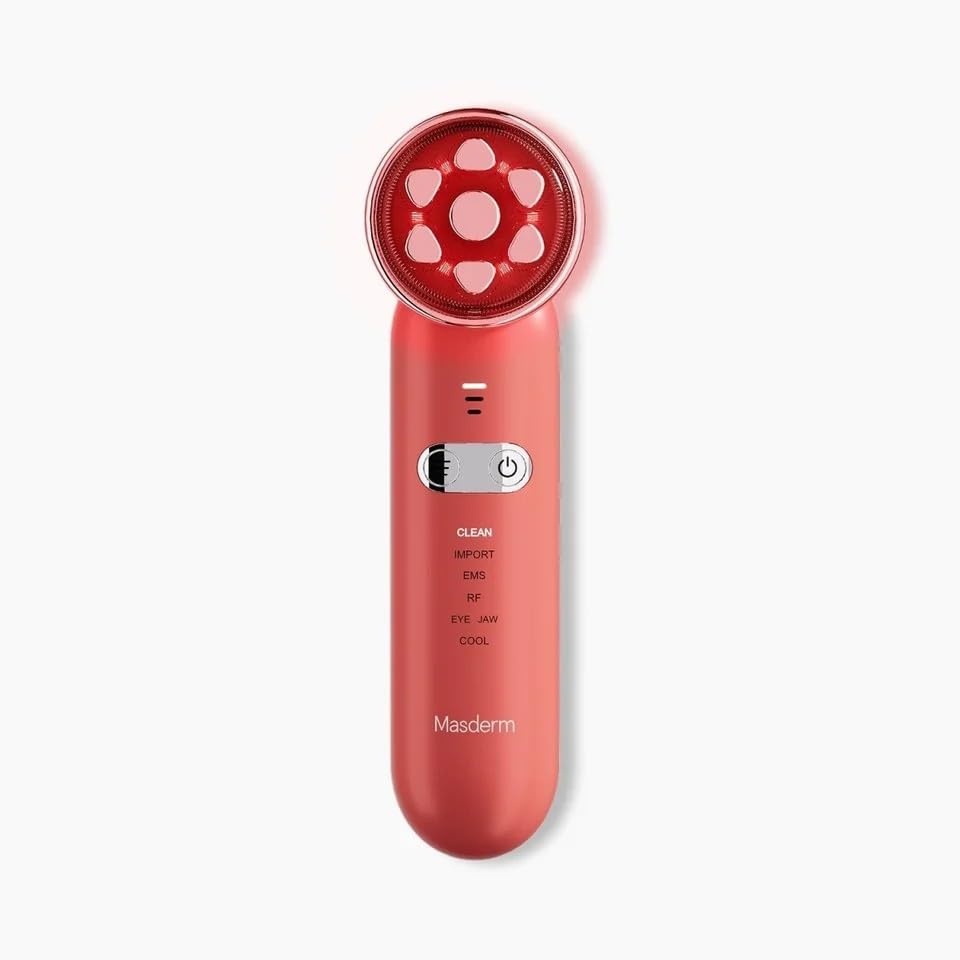 MASDERM - Masajeador Facial Eléctrico 7 en 1, Aparato de Radiofrecuencia y Luz LED, Tratamiento Facial Reafirmante y Antiedad Mujer, Efecto Lifting para Cara y Cuello, Piel Firme y Radiante