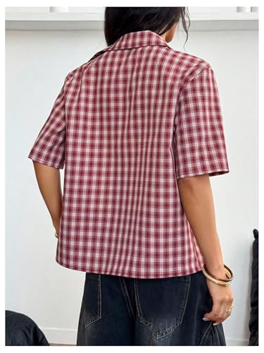 Milumia Women's Y2k Plaid Print Collared Button Shirt Short Sleeve Crop Tops Preppy Clothes Streetwear3