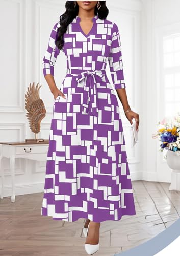 Image of BubFee Maxi Dresses for Women Semi Formal Long Dress 3 /4 Sleeve Casual A-line Church Dresses with Pockets