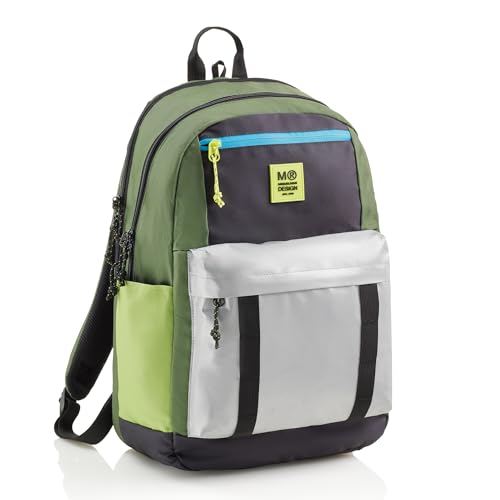 Miquelrius - Mochila escolar triple compartimento, Doble cremallera, Poliéster reciclado, Asas regulables, Espalda acolchada, Tiradores metálicos, Mochila 28 litros, Colección Rider Green