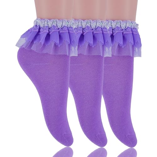Women Ankle Socks Lace Ruffle Frilly Cute Princess Dress Cotton Socks for Girl 3 Pairs