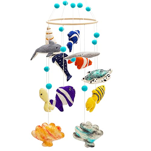 Image of Glaciart One Ocean Nursery Mobile - Colorful Decor for Crib, Baby Rooms - Handmade, Child-Safe Wood, Felt Wool & Cotton - Ocean Themed Decoration for Girls & Boys - 10x24Inch, 60Inch Hanging String