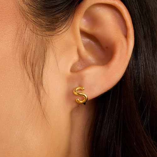 SLOONG Gold Initial Earrings for Women, Letter Stud Hoop Earring Trendy Alphabet A-Z Simple Tiny Small Minimalist Dainty Cute Hypoallergenic Jewelry Gifts3